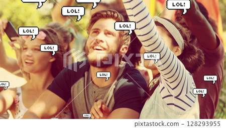 Image of LOL text on speech bubbles floating over people having fun and dancing at music concert Image of LOL text on speech bubbles floating over people having fun and dancing at music concert 128293955