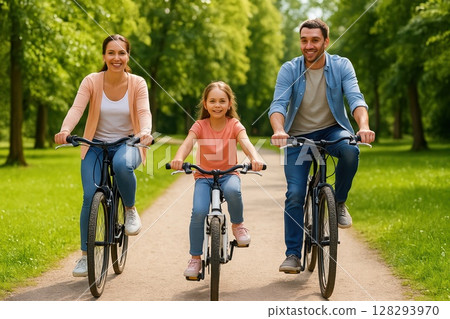 Family bonding on bicycles along green trail, surrounded by sunshine and laughter in beautiful summer surroundings 128293970
