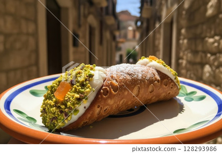Fresh cannoli rests on ceramic plate outside a rustic bakery set in a narrow charming alleyway, capturing Sicilian street ambiance and local sweetness 128293986