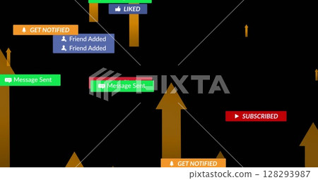 Image of falling social media icons and arrows over black background Image of falling social media icons and arrows over black background 128293987