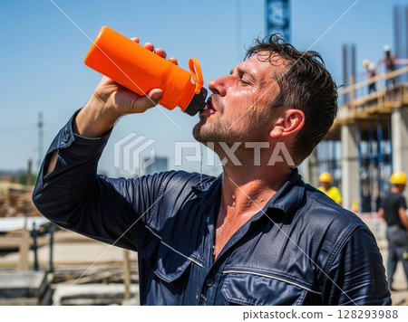Fatigued worker pauses from hard work and hydrates in harsh sun, uniform soaked with sweat 128293988
