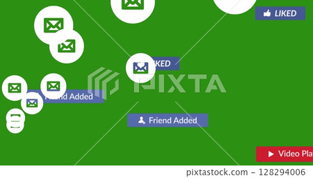 Image of social media text on banners with digital icons over green background 128294006
