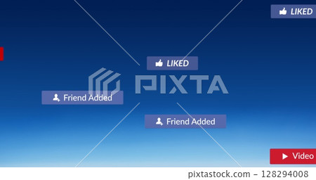 Image of social media text on banners over blue background 128294008