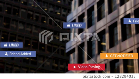 Image of social media text on banners over modern buildings Image of social media text on banners over modern buildings 128294035