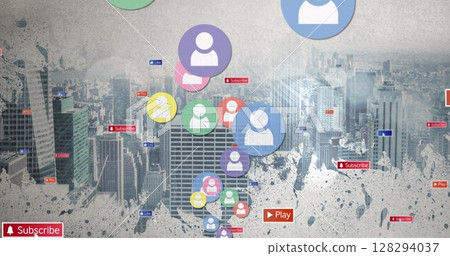 Image of falling social media icons and emojis over cityscape Image of falling social media icons and emojis over cityscape 128294037