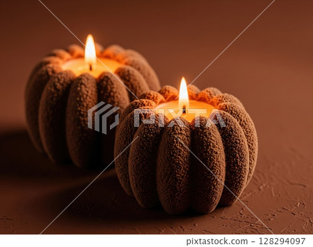 Three Mocha Mousse Candles Flicker on a Tone-Matching Surface in a Harmonious Still Life 128294097