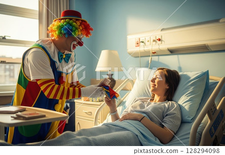 Hospitalized woman smiles watching clown bring joyful energy into the recovery room during her medical stay 128294098