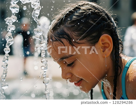 Young kid plays at fountain cooling off under midday sun during summer heatwave 128294286
