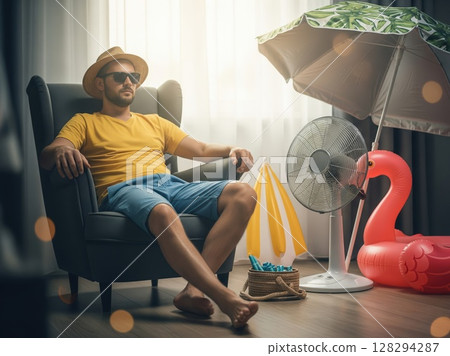 Comfortable Home Vacation Environment Featuring Man Relaxing under Fan with Summer Accessories Nearby 128294287