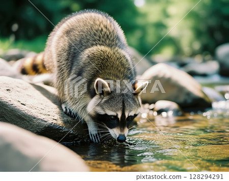 Raccoon Finds Relief in Cool Stream With Sunlight Dancing Through Forest Canopy and Warm Rocks Surrounding Tranquil Scene 128294291