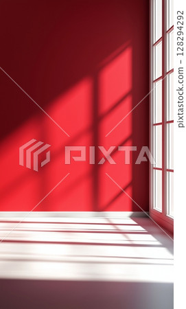 Red wall with shadow sun light from window in living room minimalist story background 128294292