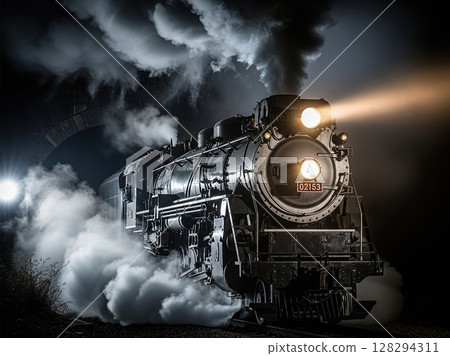 Steam locomotive bursts through shadowy scene with thick smoke clouds and glowing detail, classic industrial train emerging into cinematic mystery 128294311