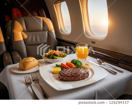 Steak, salad, and bread neatly arranged on plate beside drink at golden hour in private jet 128294337