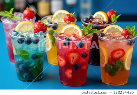 Refreshing cold drinks with fruit and ice placed against a bold blue background for summer refreshment mood 128294450