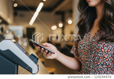 Female customer in casual outfit makes quick tap payment with smartphone at restaurant, secure wireless e-money transaction in modern lifestyle setting 128294478