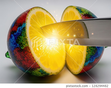 Vivid Glass Lemon Halfway Cut by Knife with Light Reflecting on Luminous Yellow Sections in High-Definition Close Scene 128294482