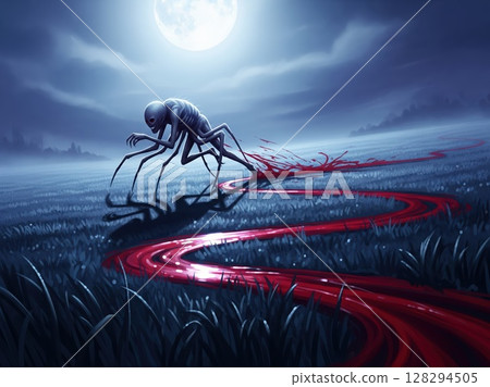 Pale Many-Legged Creature Crawls Through Blood-Touched Moonlit Field, Scuttling in Silence With Hunched Back and Inhuman Gait 128294505