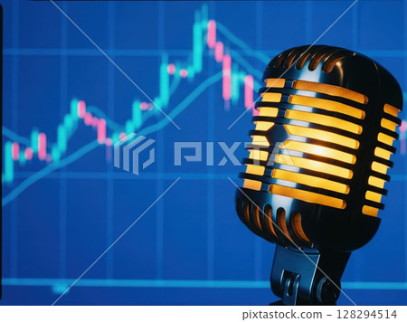 Modern Retro Microphone Glowing with Data Visualization in Business News Podcast Scene Blending Audio and Investment Concepts in Abstract Studio 128294514