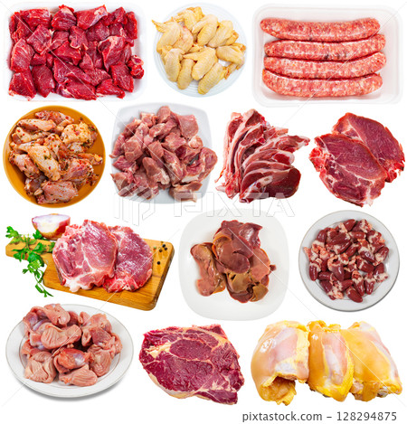Assortment of various raw meat isolated on white background Assortment of various raw meat isolated on white background 128294875