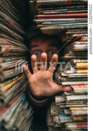 Hand reaching out through large stacks of newspapers 128295022