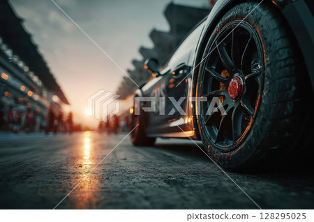 Close Up of Race Car Wheel on Track 128295025