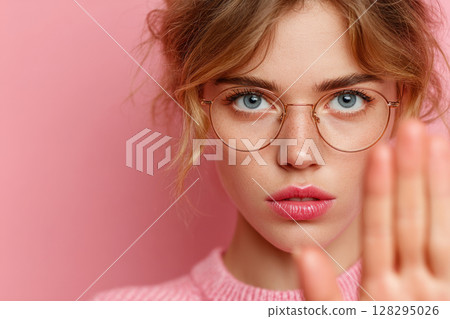 Portrait of Woman Showing Stop Gesture with Hand Against Pink Background 128295026
