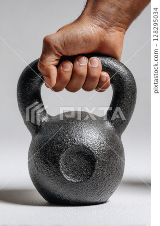 Hand holding heavy black kettlebell on gray background Hand holding heavy black kettlebell on gray background 128295034