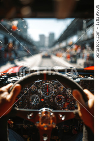 Driver view of vintage racing car dashboard on race track 128295039