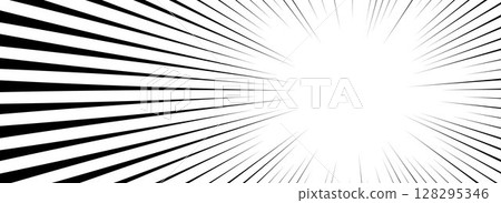Comic speed line background. Cartoon book explosion effect. Black radial linear pattern frame. Pop art flash beams or rays. Vector superhero impact backdrop. Manga or anime sun burst lines wallpaper. 128295346