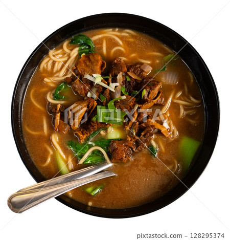 Soup with pasta and boiled beef tenderloin is traditional Chinese cuisine dish 128295374