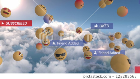 Image of social media text on banners with emojis over sky background Image of social media text on banners with emojis over sky background 128295565