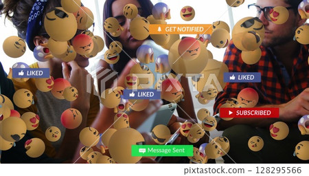 Image of social media text on banners with emojis over people using smartphone Image of social media text on banners with emojis over people using smartphone 128295566