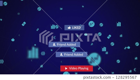 Image of falling social media icons and emojis over blue background Image of falling social media icons and emojis over blue background 128295567