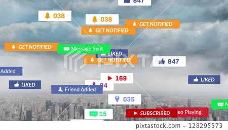 Image of falling social media icons over cityscape 128295573