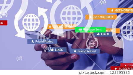 Image of social media text on banners with digital icons over businessman using smartphone 128295585