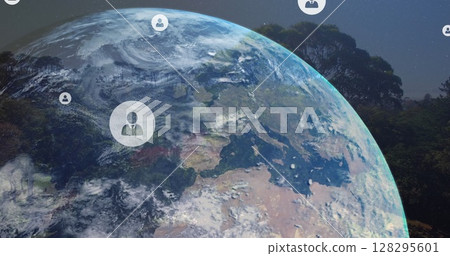 Composition of digital people icons over globe and landscape Composition of digital people icons over globe and landscape 128295601