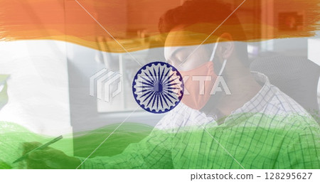 Composition of man wearing face mask over indian flag Composition of man wearing face mask over indian flag 128295627