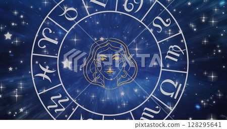 Image of virgo star sign symbol in spinning horoscope wheel over glowing stars Image of virgo star sign symbol in spinning horoscope wheel over glowing stars 128295641