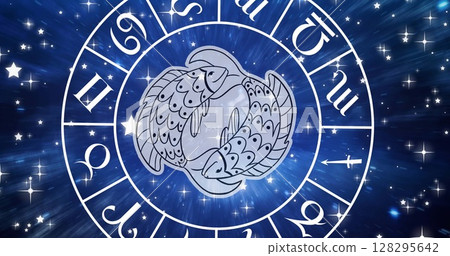 Image of pisces star sign symbol in spinning horoscope wheel over glowing stars 128295642