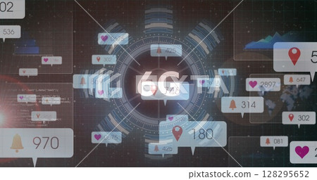 Image of 6g text, social media icons on banners over scope scanning and data processing 128295652