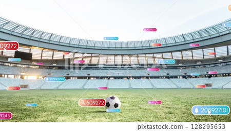 Image of social media icons on banners over football on pitch Image of social media icons on banners over football on pitch 128295653