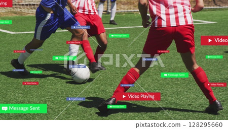 Image of social media icons on banners over football players on pitch Image of social media icons on banners over football players on pitch 128295660