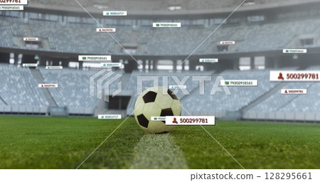 Image of social media icons on banners over football on pitch Image of social media icons on banners over football on pitch 128295661