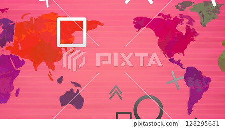 Image of arrows and shapes flying up over world map 128295681