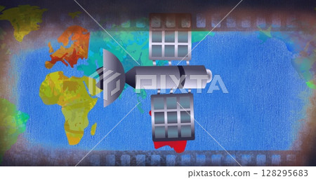 Image of satellite flying over world map Image of satellite flying over world map 128295683