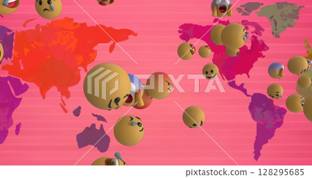 Image of emoji icons flying over world map Image of emoji icons flying over world map 128295685
