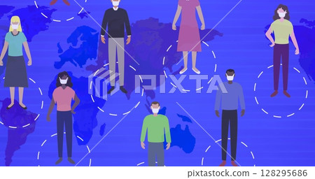 Image of people wearing face masks over world map 128295686