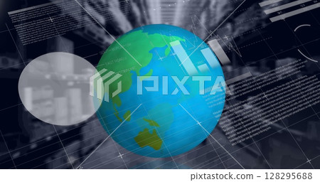 Image of data processing, globe spinning over warehouse 128295688
