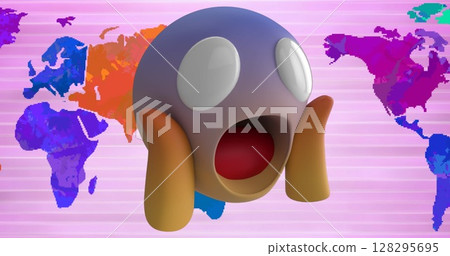 Image of shocked emoji over world map Image of shocked emoji over world map 128295695