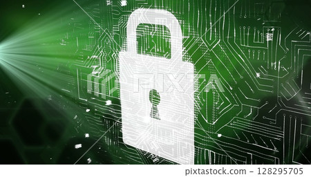 Image of online security padlock with data processing on circuit board in background 128295705